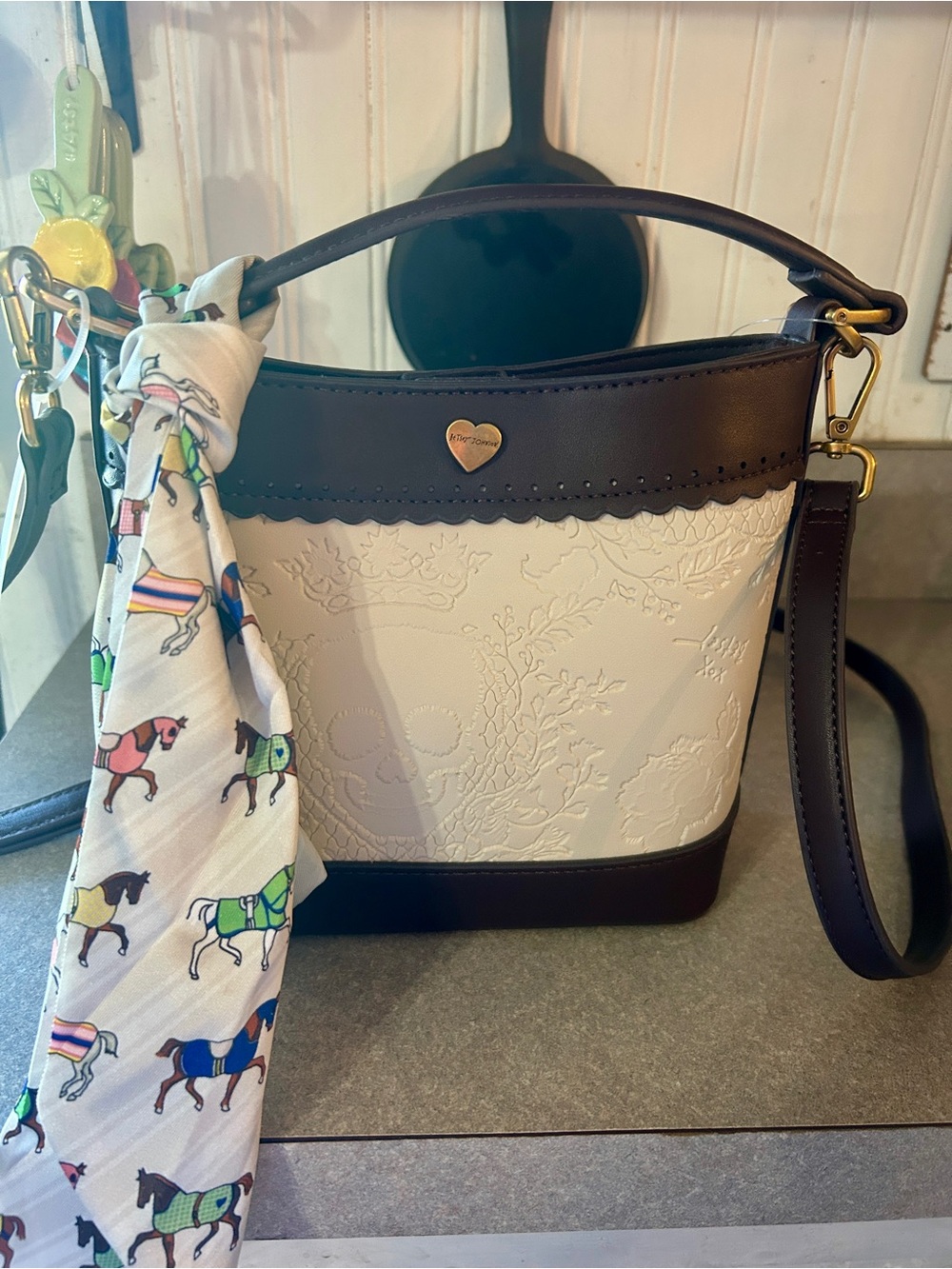 Betsey Johnson White and Dark Brown Embossed Skull Crossbody Bag with Scarf